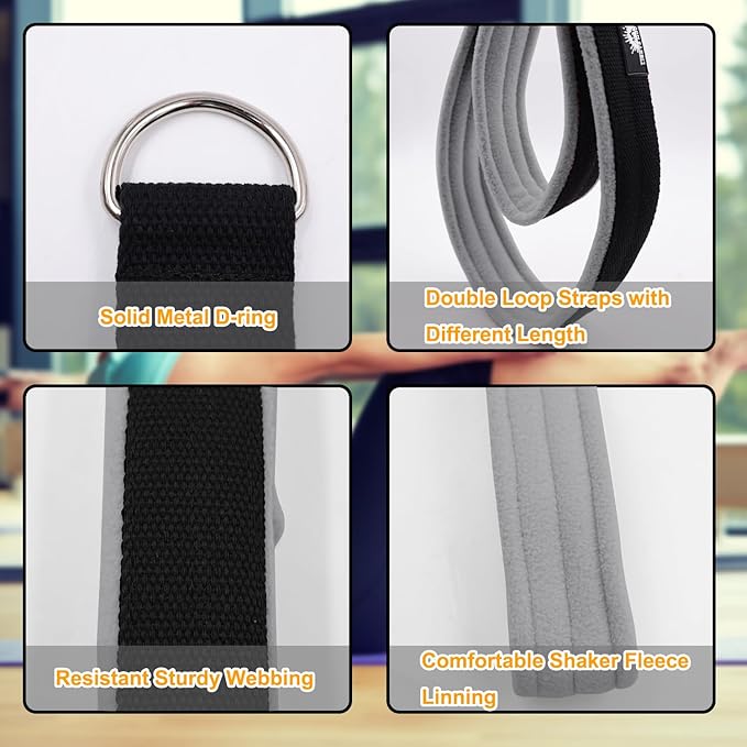 1 Pair Enhanced Pilates Double Loop Straps for Reformer, Thickened D-Ring Handle Straps, Yoga Exercise Accessories in 2 Lengths and Multicolor for Home Gym Workout