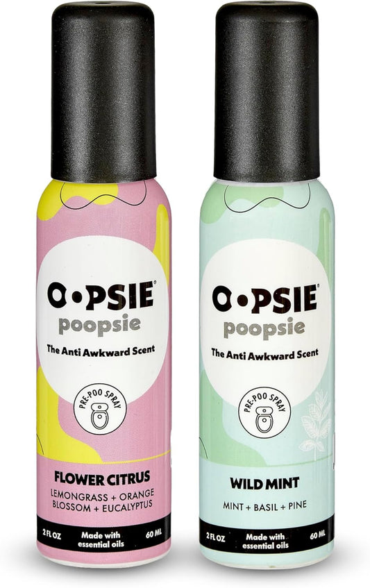 Oopsie Poopsie 2 Pack - Flower Citrus and Wild Mint - Before & After You Go Toilet Spray 2oz Each - Gift Set - Portable Odor Eliminator