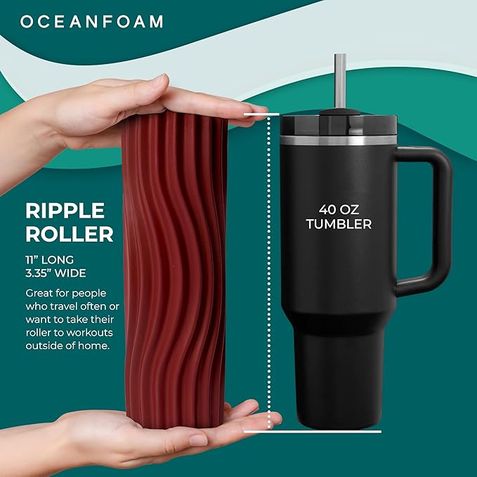 Oceanfoam Ripple Travel Foam Roller (11" x 3.35") Firm Mini Foam Roller for Physical Therapy, Deep Tissue Massage, Back Pain - High Density, Ergonomic Wave Textured - Yoga, Pilates, Exercise (Maroon)