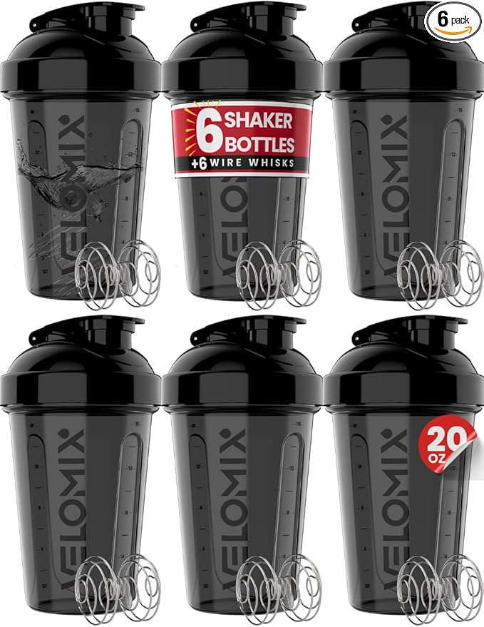 '-6 PACK- Shaker Cups for Protein Shakes 20 oz - 6x Wire Whisk | Leak Proof Protein Shaker Bottle for Protein Shakes, Shaker Bottle Pack for Pre & Post Workout, Shaker Cup (ALL IN BLACK)