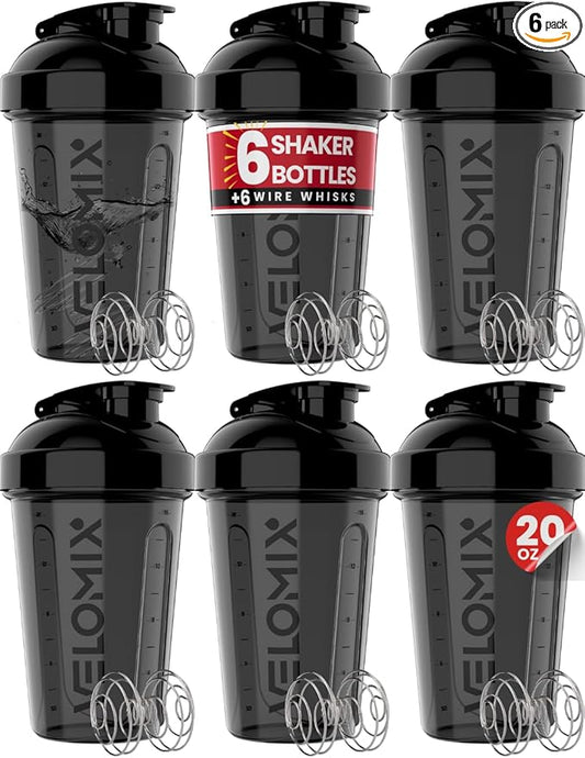 '-6 PACK- Shaker Cups for Protein Shakes 20 oz - 6x Wire Whisk | Leak Proof Protein Shaker Bottle for Protein Shakes, Shaker Bottle Pack for Pre & Post Workout, Shaker Cup (ALL IN BLACK)