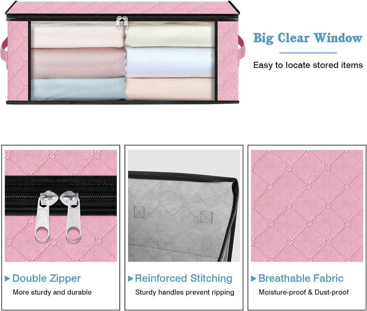 HomeHacks Storage 8-Pack Clothes Organizer Storage Bags Foldable Storage Box with Large Clear Window Sturdy Handles for Closet, Dorm, Pillows, Bedding, Clothes, Blankets, 35L, Pink