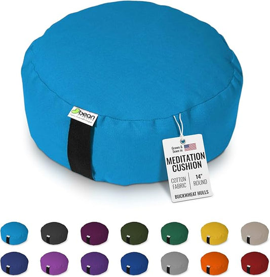 Bean Products Zafu Meditation Pillows for Sitting on Floor, Yoga Cushion, Cotton/Buckwheat Fill Yoga Pillow, Zafu Meditation Cushion, Zen Kneeling Prayer Pad- Made in USA - 14" Round - Aqua