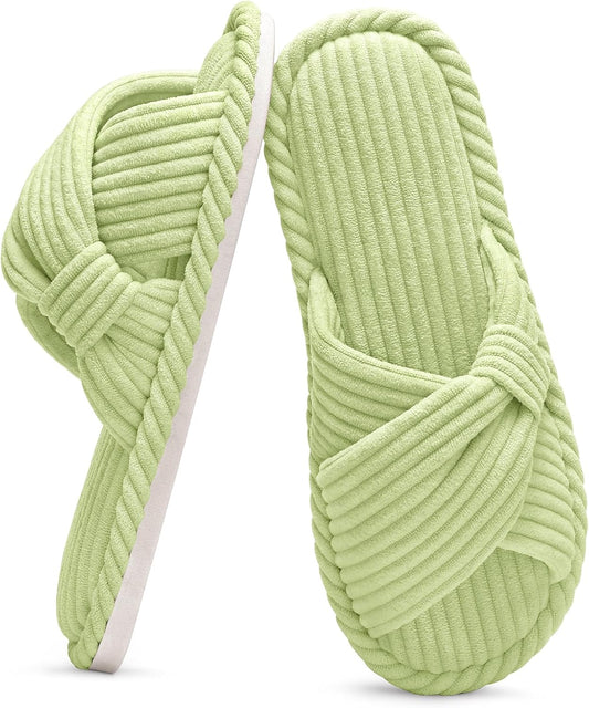 Evshine Summer House Slippers for Women Corduroy Cross Bow Indoor Slippers Open Toe Slip On Bedroom Shoes with Memory Foam