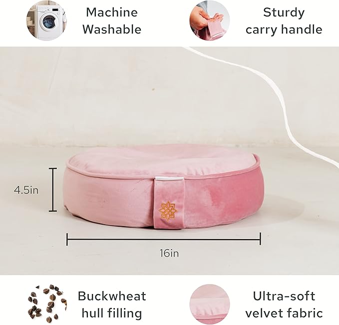 Mindful and Modern Velvet Meditation Cushion - Luxury Zafu Floor Pillow for Yoga - Large Buckwheat Meditation Pillow with Luxe Removable Cover in Six Colors