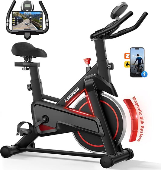 Exercise Bike, Adjustable Magnetic Resistance Stationary Bikes for Home with App Compatible, Indoor Cycling Bike with 300lbs Capacity Compact, Extra Comfort Seat & Tablet Mount