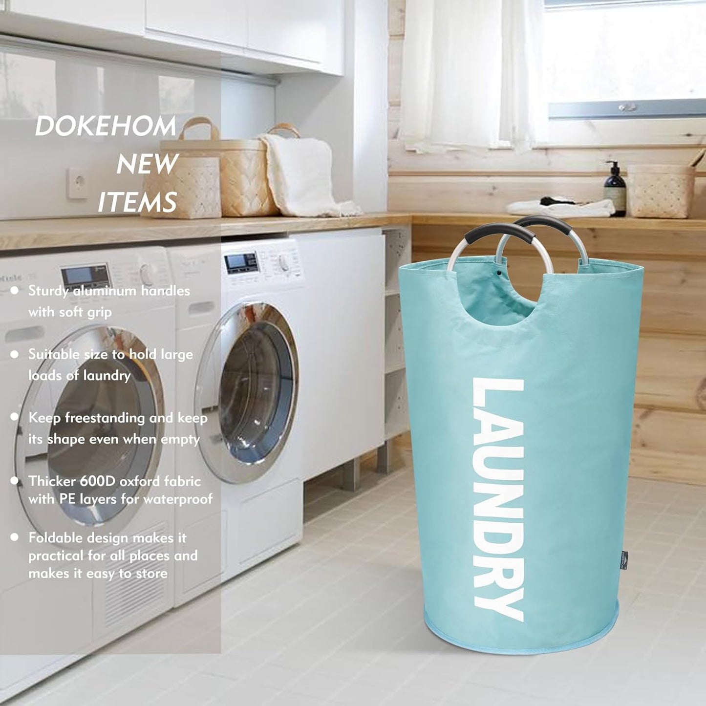 DOKEHOM 90L Large Laundry Basket, Collapsible Laundry Bag, Freestanding Tall Clothes Hamper, Foldable Washing Bin (Light Blue)
