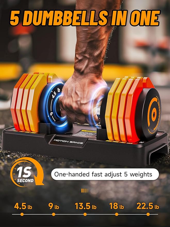 Adjustable Dumbbells Set 12.5LB/22.5LB Pair, 1-Sec Fast Adjustable 5 Weights by Turning Handle, Premium Comfort Non-slip Metal Dumbbells with Tray, Compact Size for Full Body Home Workout