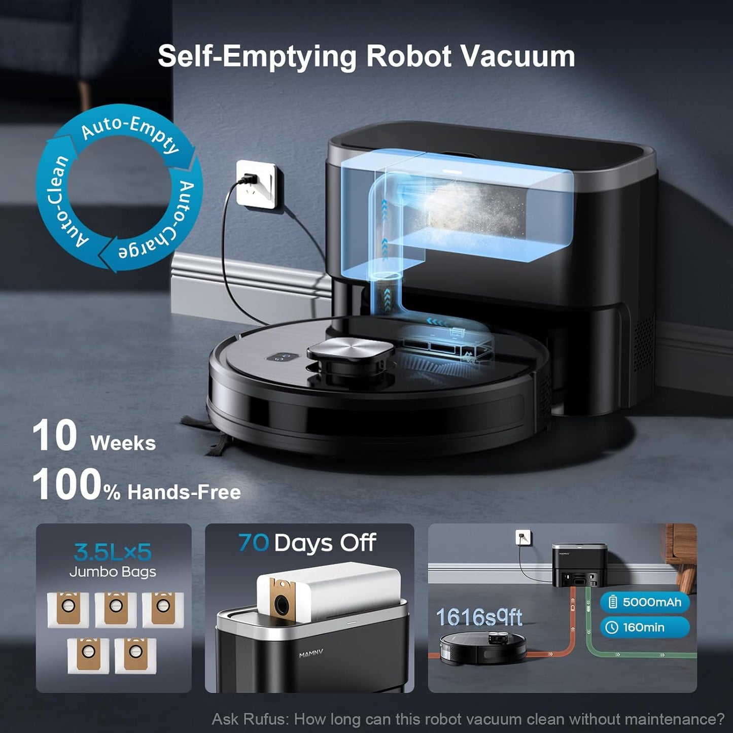 MAMNV Robot Vacuum and Mop, 11500 Pa Suction, 3-in-1 Robotic Vacuum with Smart LiDAR Navigation, 70 Day Self-Emptying,160 Min Runtime,App/Alexa/Voice Control, Ideal for Pet Hair, Carpet & Hard Floor