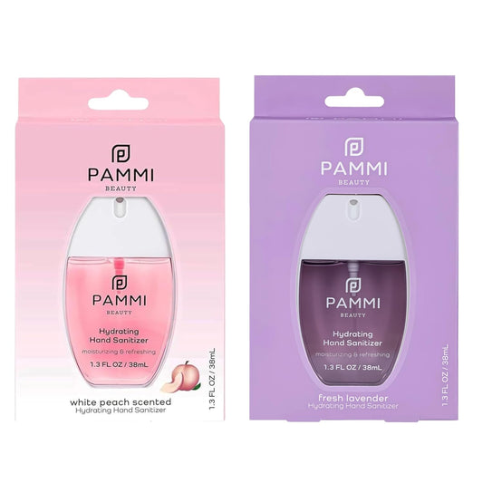 PAMMI Power Mist Hydrating Hand Sanitizer Spray, Portable Travel Size Pocket Hand Sanitizer, Scented Handsanitizer Mini Spray For Car - 600 Sprays (2 Pack (Peach, Lavender))