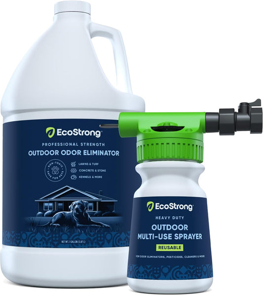 Eco Strong Outdoor Odor Eliminator | Outside Dog Urine Enzyme Cleaner – Powerful Pet, Cat, Animal Scent Deodorizer | Professional Strength for Yard, Turf, Kennels, Patios, Decks (Gallon with Sprayer)