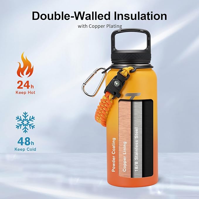 Trebo 32oz Water Bottle Insulated with Lid and Straw,Double Wall Vacuum Stainless Steel Metal Tumbler Sports Flask with Paracord Handle, Keep Hot 24 Hours & Cold 48 Hours Water Cup with 3 Lids, Orange