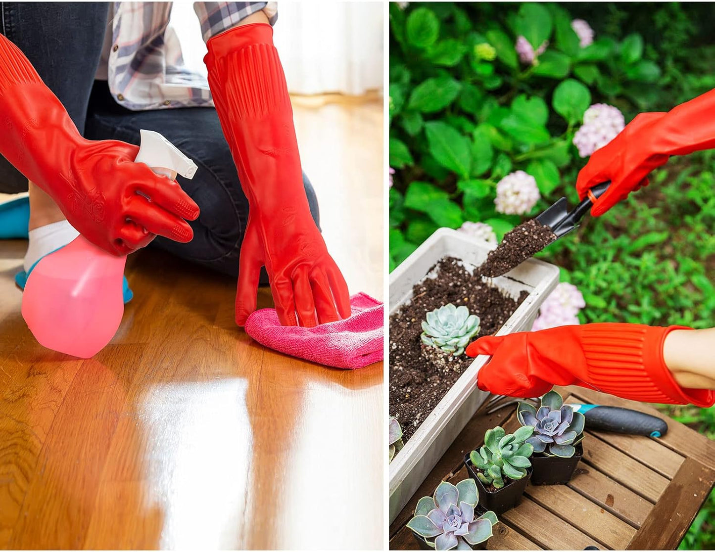 Vgo 2-Pairs Dishwashing Gloves, Reusable Household Gloves, Long Sleeve, Thick Latex, Cleaning, Washing, Working, Painting, Gardening, Pet Care (Size S, Red, RB2143)