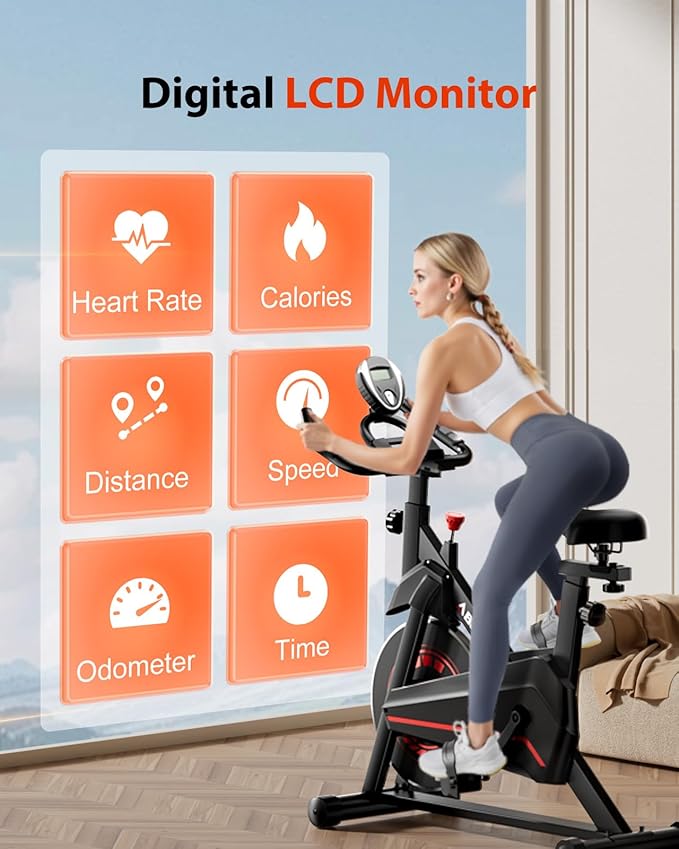 Exercise Bike, Brake Pad Stationary Bikes for Home with App Compatible, Low Noise Indoor Cycling Bike, 300lbs Capacity Compact Workout Bike with Tablet Mount & Extra Comfort Seat