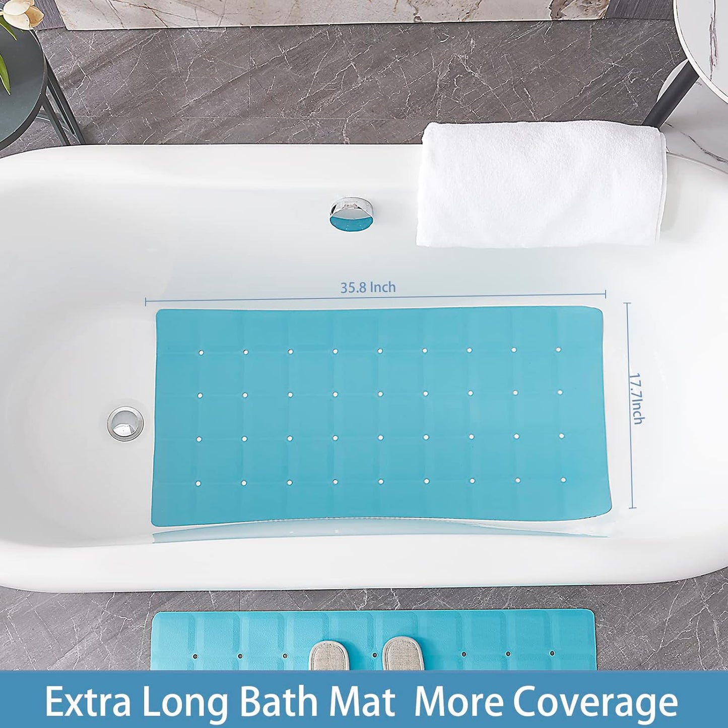 Foldable Silicone Bathtub Mat: Jumbo Size Heavy Duty Safety Bath Mat for Tub Without Suction Cups Non Slip Bath & Shower Mat for Textured, Reglazed, Refinished Tub (Blue, 35.8 x 17.7)