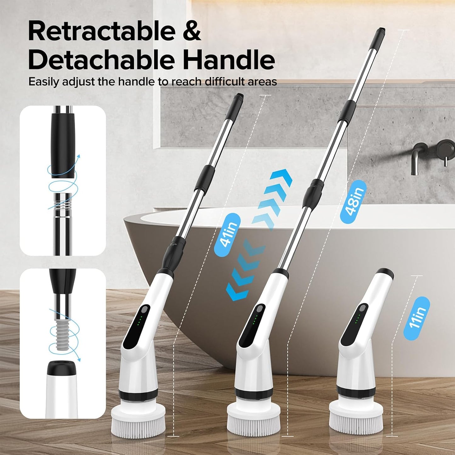 WKY-Electric Spin Scrubber - Upgraded 12-in-1 IPX7 Waterproof Shower Cleaner Brush, Retractable Handle & 2-Speed for Bathroom, Bathtub, Kitchen, Tile Floors