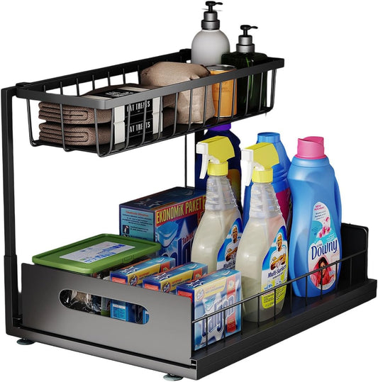 Under Sink Organizer, 2 Tier Under Sink Organizers and Storage Multi-Purpose Under Sink Storage for Bathroom Kitchen (Black)