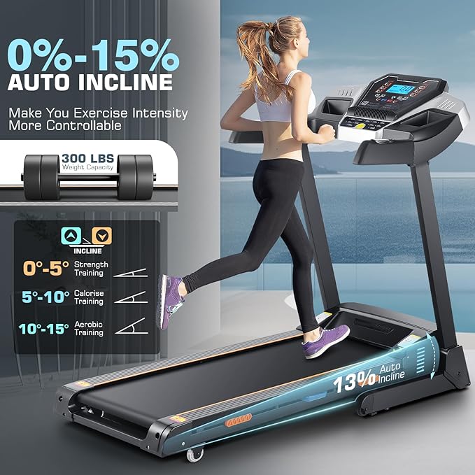 Treadmill with 15% Auto Incline, FUNMILY 3.25HP Heavy Duty Treadmill for Home, 300 lb Weight Capacity Folding Running Machine, Smart App Control/Shock Absorption/Bluetooth Speaker/Large LED Display