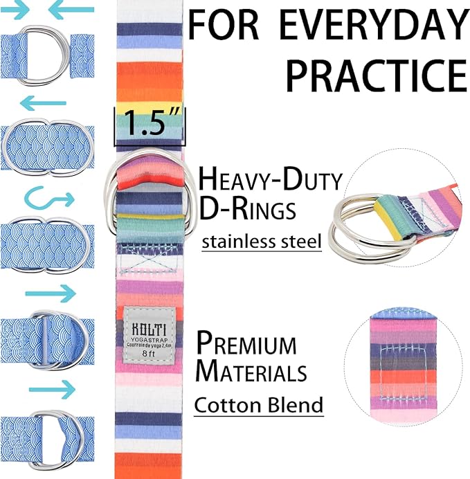 Yoga Exercise Adjustable Straps 8FT with Durable D-Ring for Pilates & Gym Workouts | Hold Poses, Stretch, Improve Flexibility & Maintain Balance