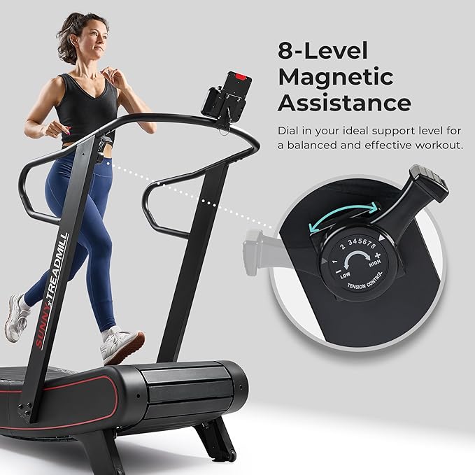 Sunny Health & Fitness Premium Manual Treadmill – Non-Motorized, Heavy-Duty, Commercial-Grade, Adjustable Handlebar, for Endurance Training, Optional 8-Level Magnetic Assistance & Free SunnyFit App