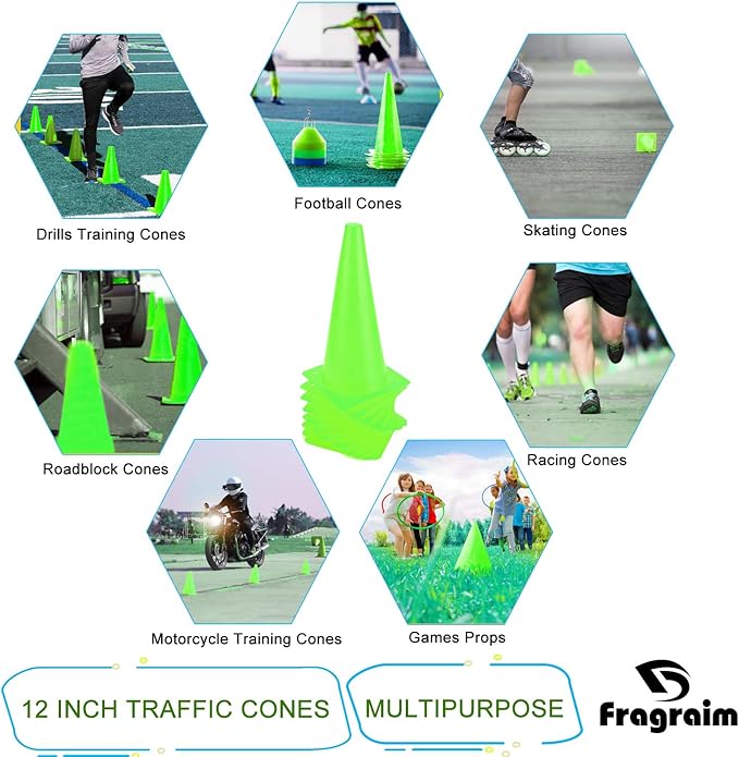 12 Inch Traffic Training Cones, Plastic Safety Parking Cones, Agility Field Marker Cones for Soccer Basketball Football Drills Training, Outdoor Sport Activity & Festive Events - 6 Colors