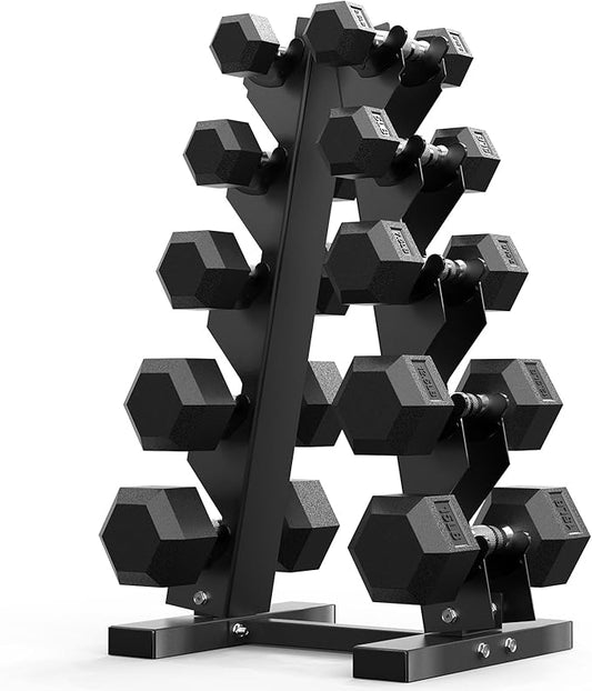 PAPABABE Hex Dumbbell Sets with Rack, 60-550lb Rubber Coated Dumbbell Weight Set and Storage Rack, Multiple Options Hand Weights for Strength Training
