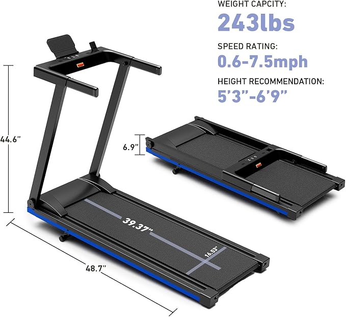 Treadmill with 5% Incline, 300lbs Capacity Folding 15 HP Small Treadmills for Home Portable Running Treadmill with Handles Quiet Brushless Dual Cushion System, Electric Compact Treadmil