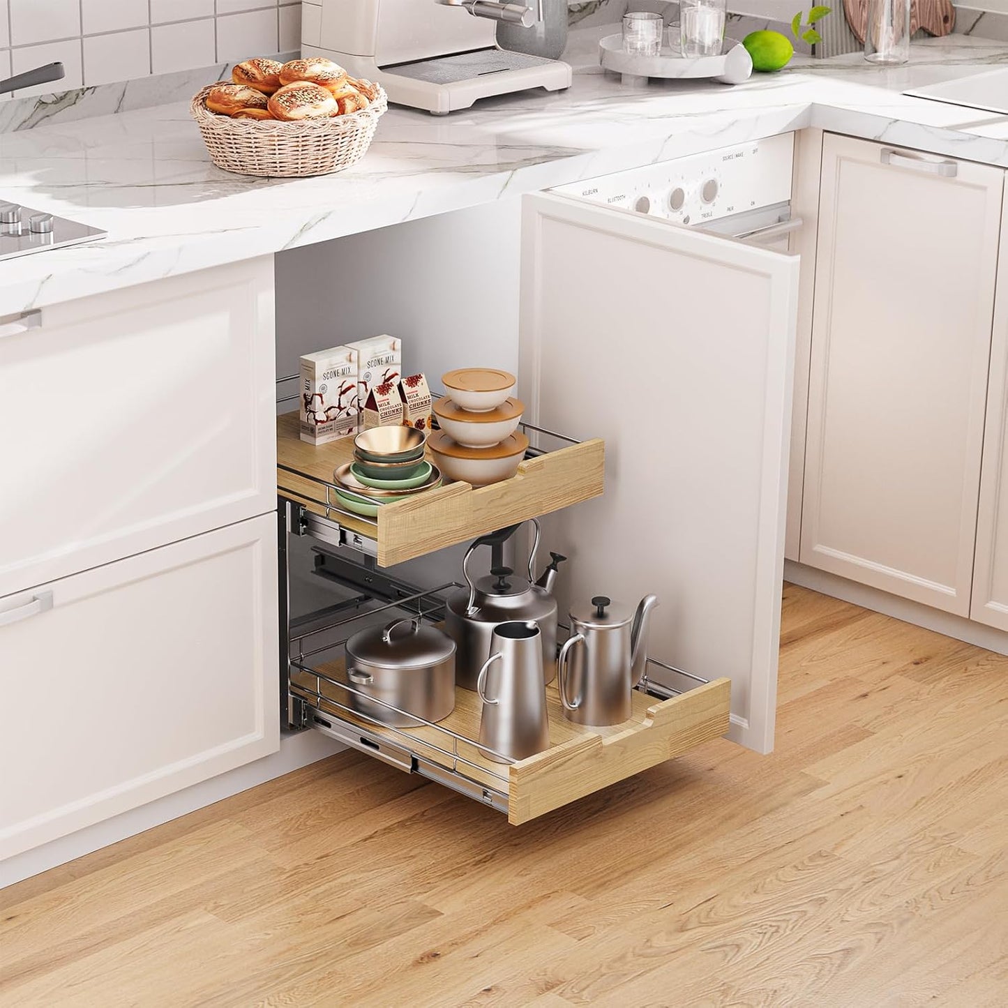 Pull Out Cabinet Organizer,Heavy-Duty Slide Out Shelf, Wood and Wire Basket, Pull Out Drawer for for Kitchen Under Sink Space, Pantry, Bathroom, 2 Tie 26 * 21 in