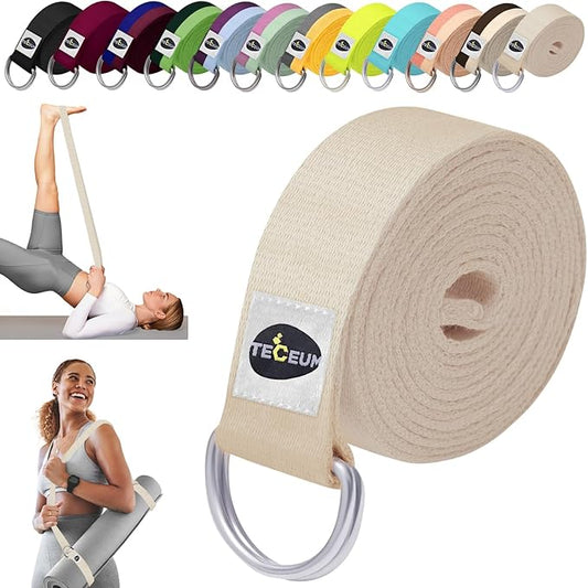 TECEUM Yoga Strap & Mat Strap – 2 IN 1 – Cotton – 6 ft 8 ft 10 ft (30+ colors) – Adjustable Non-Slip Belt for Yoga, Pilates, Stretching, Physical Therapy, Fitness & Home Workout – For Carrying Mats