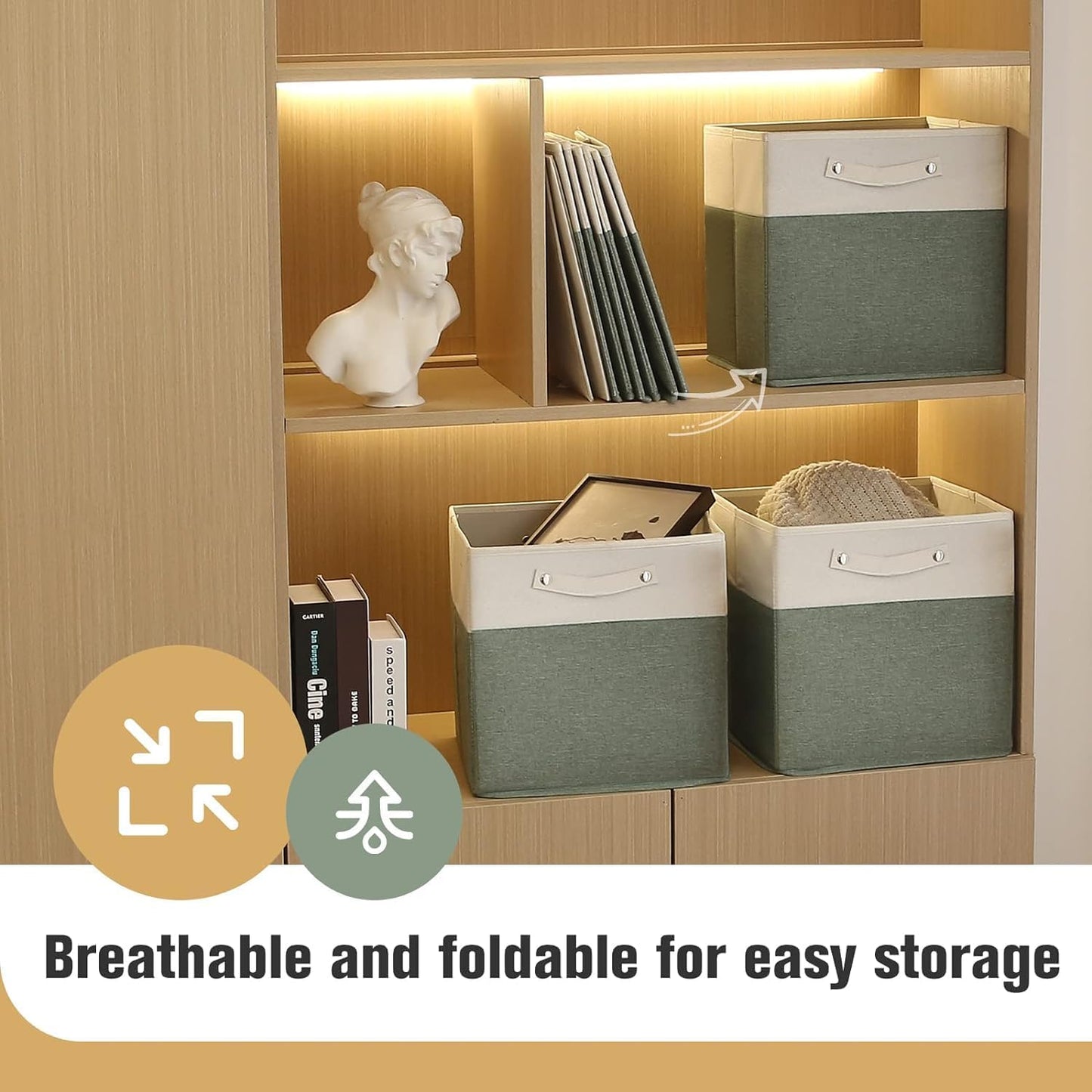 13 x 13 Inch Fine Linen Storage Bins with Handles，Fabric Cube Boxs，Collapsible Basket Organizers for Shelves for Home, Closet Drawers (White/Green-6 Pack)