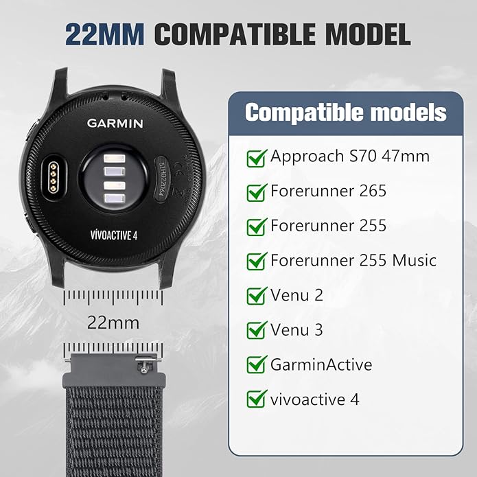 18mm 20mm 22mm Hook and Loop Watch Band Compatible with Garmin Vivoactive 5/ Vivoactive 6/ Vivoactive 3, Soft Nylon Breathable Sport Strap for Venu 2S/ Venu3S/ Forerunner 265s,Venu 3/ Venu 2 Men Women