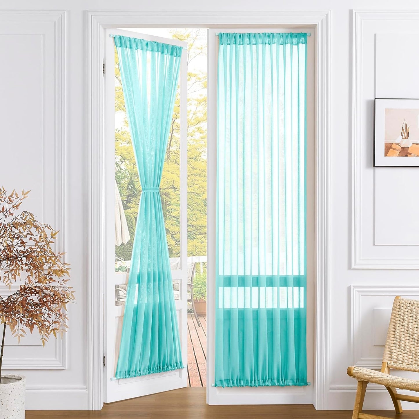 Tollpiz Sheer Door Curtains Closet Linen Textured Curtains Sheer Doorway Light Filtering Voile Rod French Door Pocket Curtain Patio Door, 25 x 72 inches Long, Aqua Blue, Set of 1 Panel