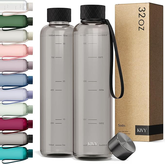 KIVY Slim Water Bottle 32oz [Lightweight & Shatterproof] Fits Backpack & Cupholder for Travel, Sports, School, Gym - Clear water bottle with measurements - Transparent Tritan Black - Dishwasher Safe