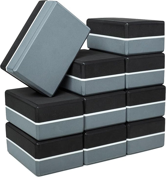 Sunshine Yoga 4" Striped Yoga Block, 10 Pack Bulk EVA Foam Yoga Blocks, Firm and Supportive Yoga Brick, Balance Foam for Stretching, Pilates, and Workout, 4" x 6" x 9"