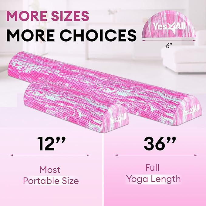 Yes4All EVA Firm Foam Roller for Stretching, Half Yoga Back Roller for Muscle Massage for Pilates, Yoga, Balance & Core Exercises - 12/36 inches