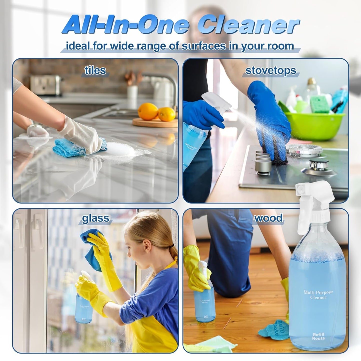 Multi-surface Cleaner Kit, Bathroom Cleaner Spray Tablets & Spray Bottle All Purpose Cleaner, 12 Tablets Multipurpose Cleaner Refills with Reusable Glass Bottle, Plant Based - Ocean Breeze