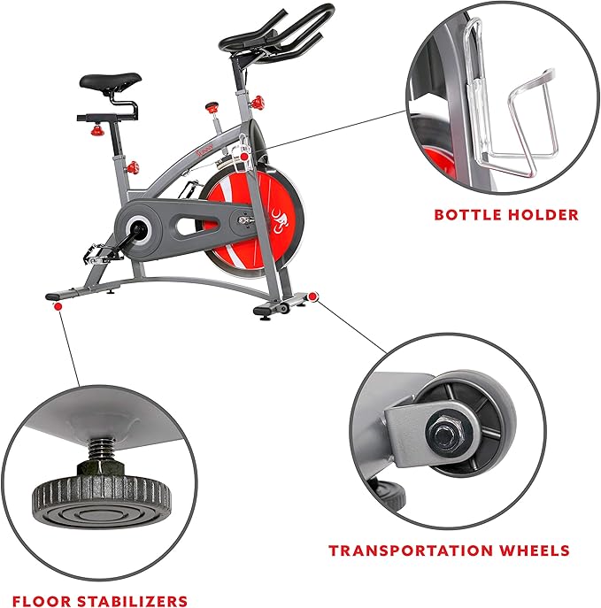 Sunny Health & Fitness Indoor Cycling Exercise Bike w/Adjustable Cushion Seat & Multi-Grip Handlebar, Stationary Workout Equipment For Adult Cardio Training, Optional Free SunnyFit App Connection