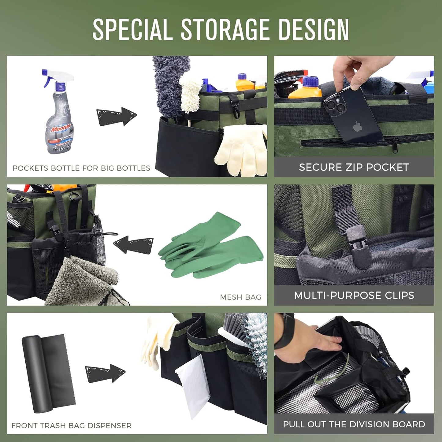 Wearable Cleaning Caddy Organizer with Handle & Shoulder Straps for Housekeepers, Under Sink & Car Cleaning Tool Organizer Bag with 4 Foldable Dividers (Green)
