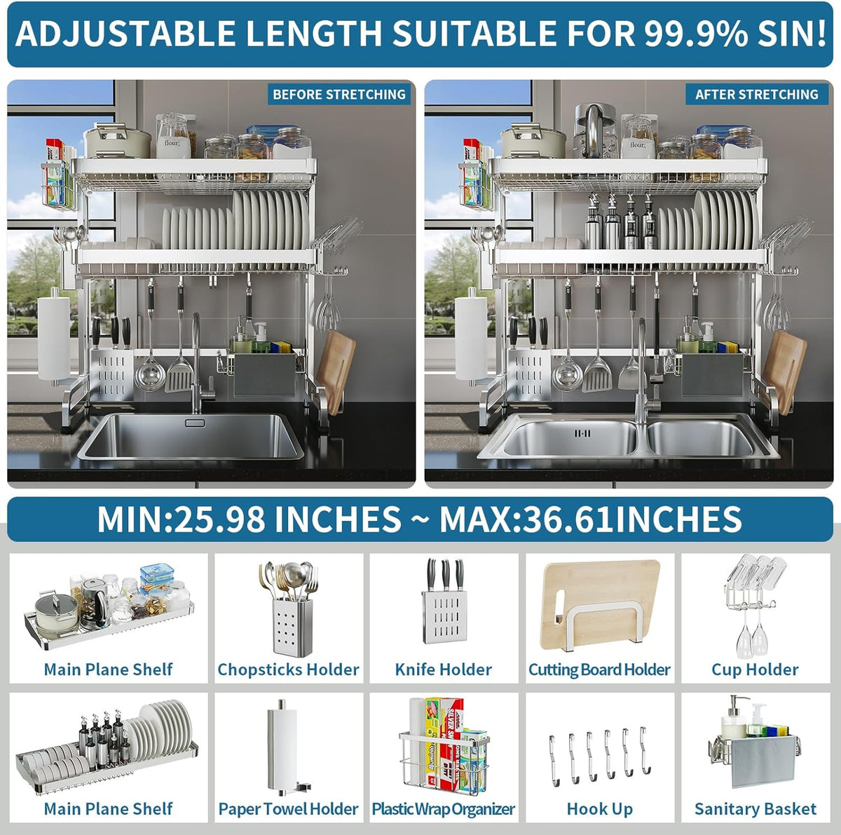 Over The Sink Dish Drying Rack,3 Tier Adjustable Length Full Stainless Steel Large Storage Kitchen Dish Rack,for Kitchen Counter Expandable Multifunctional Organizers,Silver (25.5'' to 37.6'')