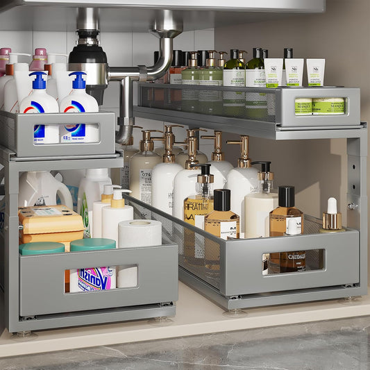 2 Pack 21.3IN-Depth Under Sink Organizer with Next-Gen Ball-Bearing Slides,2-Tier Pull Out Cabinet Storage,Height Adjustable Drawer Shelf for Bathroom,Kitchen,Laundry,Cabinet,Pantry-Gun Gray