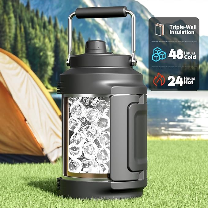 Meoky 1 Gallon Insulated Water Bottle for Travel 128 oz Triple Wall Vacuum Stainless Steel Water Jug - Top and Side Handles, Cold for 48 Hrs, 2-in-1 Straw and Spout Lid, Leak Proof for Work (Silver)