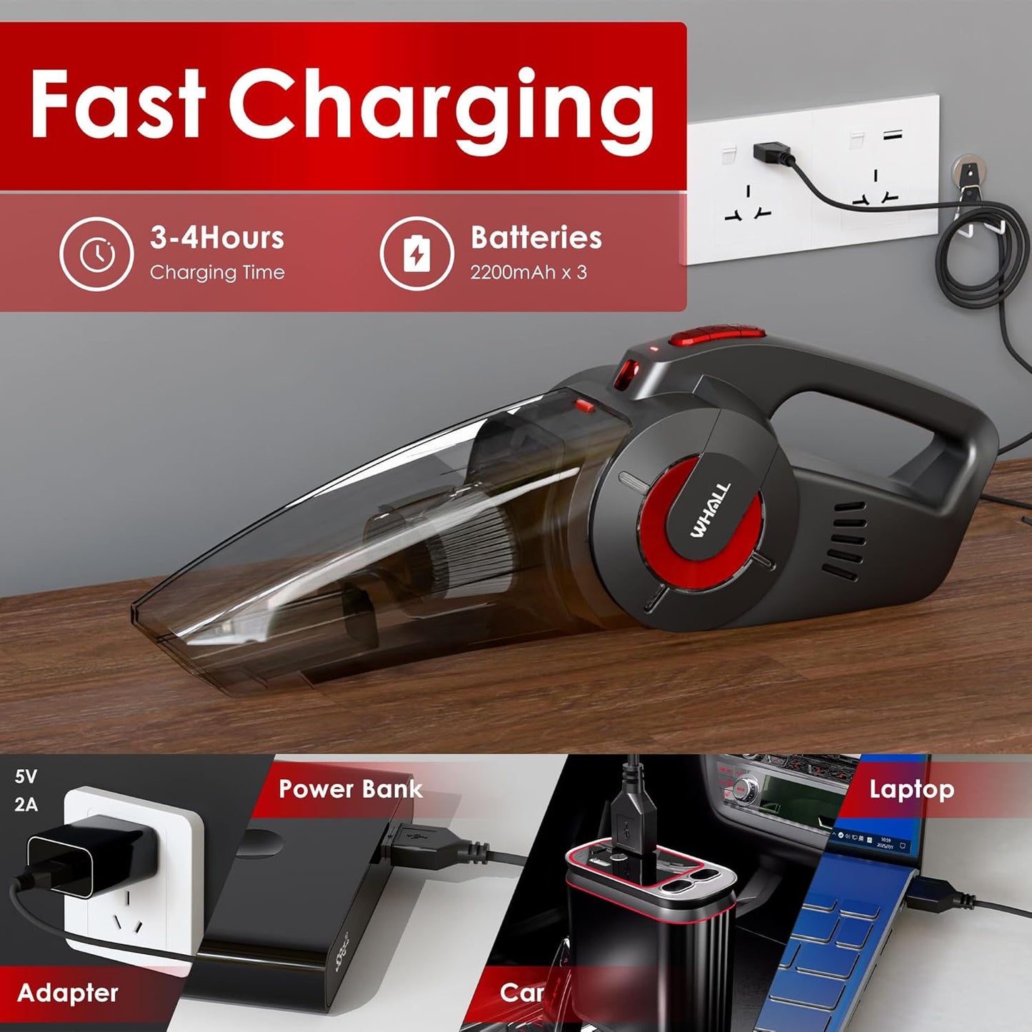 whall Handheld Cordless Car Vacuums, Wet and Dry Use 9000Pa Strong Suction Vacuums, Rechargeable Portable Vacuum Cleaner with LED, Charging Dock, Lightweight Mini Vacuum for Car, Home and Office, Red
