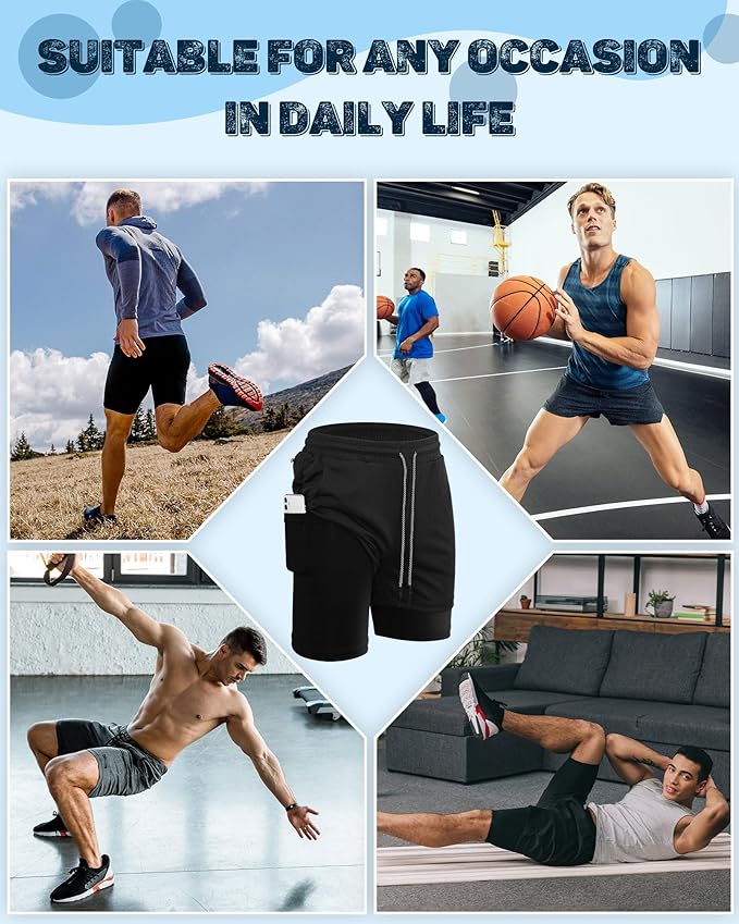 Sureio 3 Pcs Men's 2 in 1 Running Shorts 7 Inch Quick Dry Athletic Workout Shorts with Liner Phone Pockets Towel Loop