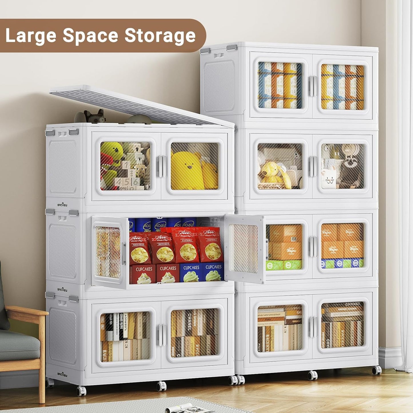 BROVIEW 300 Qt Stackable Storage Bin with Lid, 75Gal Extra Large Collapsible Storage Boxes, Folding Plastic Drawer, Heavy-Duty Store Cabinet, Closet Organizer for Home Kitchen, 1 Pack White