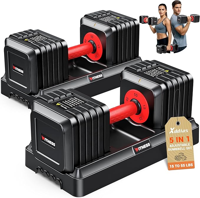 XDDIAS Adjustable Dumbbell Set of 2, 25/55/80LB Dumbbell Set-1Sec Adjustable Weights-5/10 in 1 Free Weights Dumbbells Set with Effortless Tray/No-Slip Handle-Compact Size for Women/Men at Home Gym