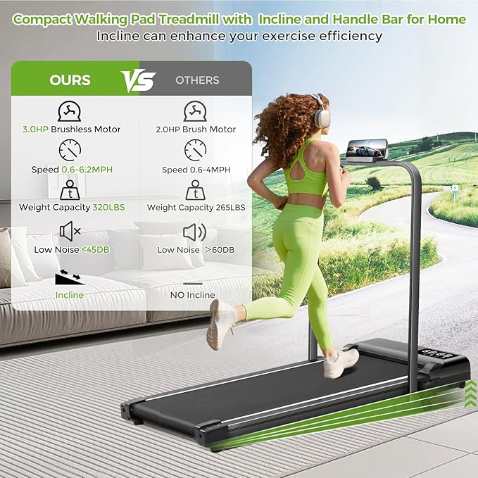 Walking Pad with Incline and Handle Bar, 3.0HP Portable Electric Compact Walking Pads Treadmills with Handles for Home Small Spaces, Small Treadmill with Incline, 320 lbs Capacity, 0.6-6.2MPH