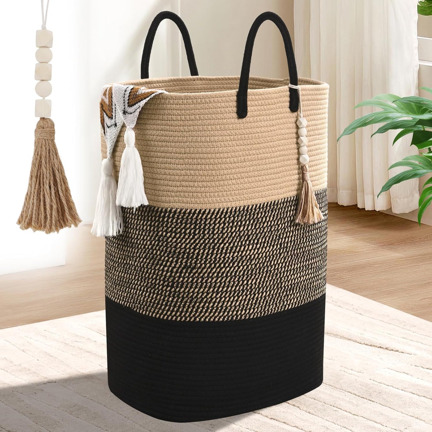 Woven Laundry Basket for Clothes, 65L Large Rectangle Laundry Hampers with Beads Tassel, Nursery Storage Basket for Toys, Tall Dirty Clothes Hamper for Bedroom Aesthetic, Laundry Room Organization