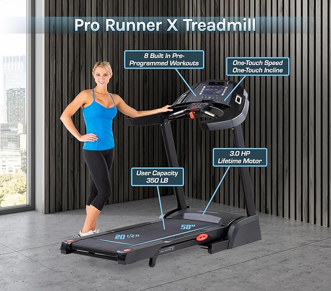 Pro Runner X Treadmill - Heavy Duty Home Construction - FreeSync FTMS Bluetooth Connectivity - Low 6.5" Step-up Height - Foldable Compact Storage - Orthopedic Belt - 350 lb Capacity