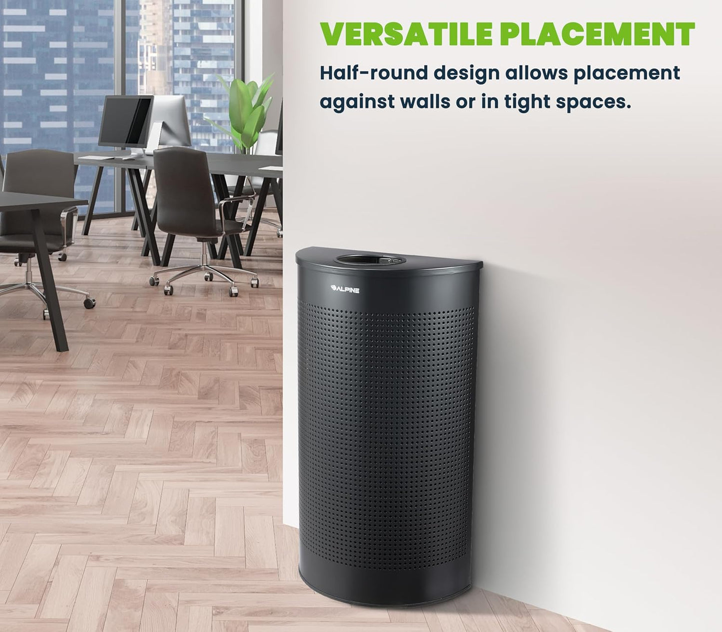 Alpine Half Round Trash Can Open Top - Modern Black Metal 12 Gallon, Space Saving Indoor Commercial Trash Can, Narrow Garbage Can for Bathroom, Office, Lobby and Business.