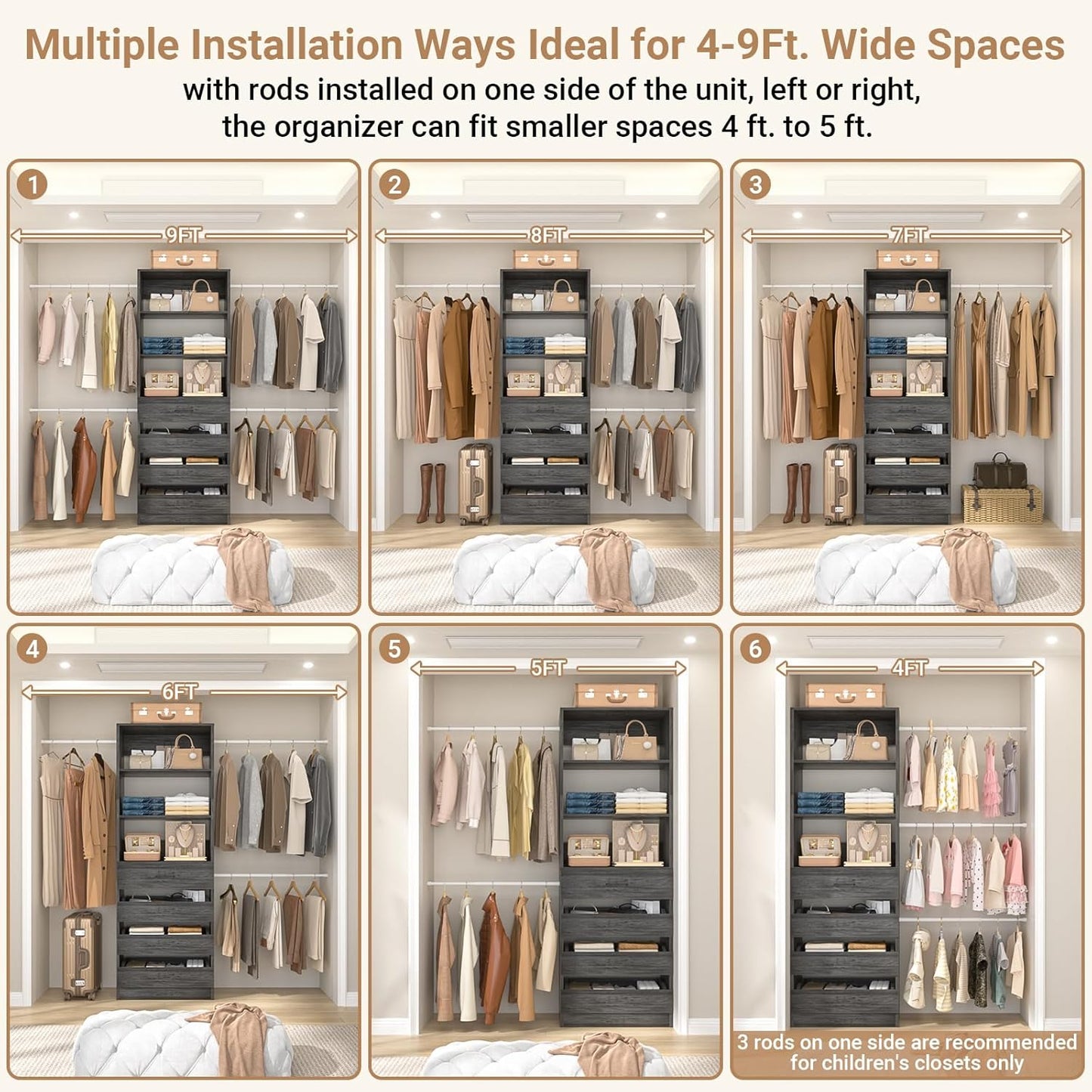 Aheaplus Closet System, 4-9 Ft Closet Organizer with 4 Wooden Drawers, Wood Closet Organizer System with Tower, Walk-in Closet Organizer Wardrobe Clothes Rack with 4 Hanging Rods, Black Oak